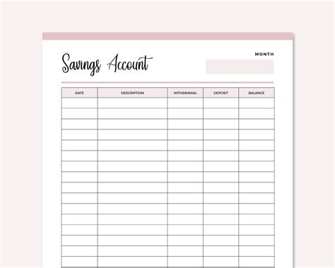Printable Savings Account Sheet Personal Savings Tracker Etsy