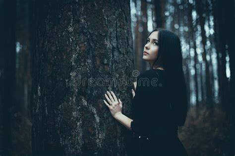Portrait Of A Beautiful Mysterious Woman In The Forest Cold Ton Stock