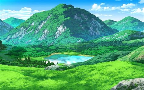 Anime Landscape Mountain Field Grass Lake Scenic Anime Scenery