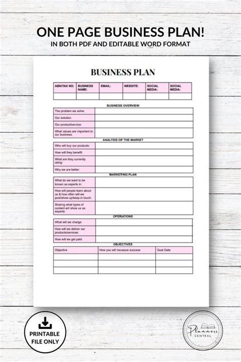 One Page Business Plan Template For Small Business And Start Up