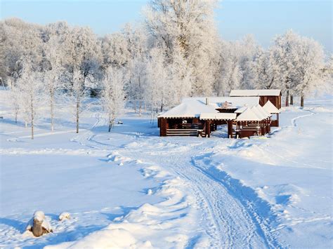 Russia Seasons Winter Houses Snow Nature Wallpaper