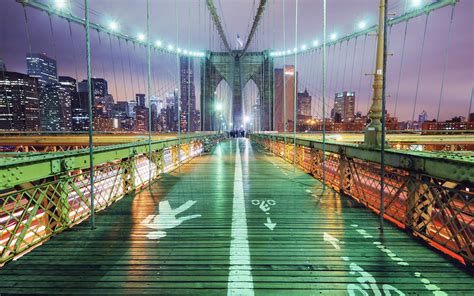 Brooklyn Bridge Bridge Cables New York Buildings Night Lights