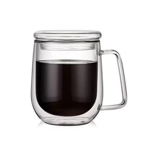 Double Wall Glass Coffee Mug W Glass Lid And Spoon 10 Oz Promotionalbands