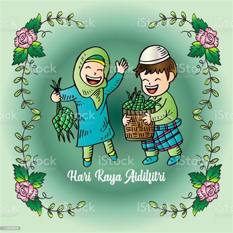 Selamat Hari Raya Aidilfitri With Cute Muslim Kids Stock Illustration