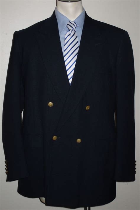 Mens Stafford Navy Blue Double Breasted Blazer Sport Coat 44l Wool