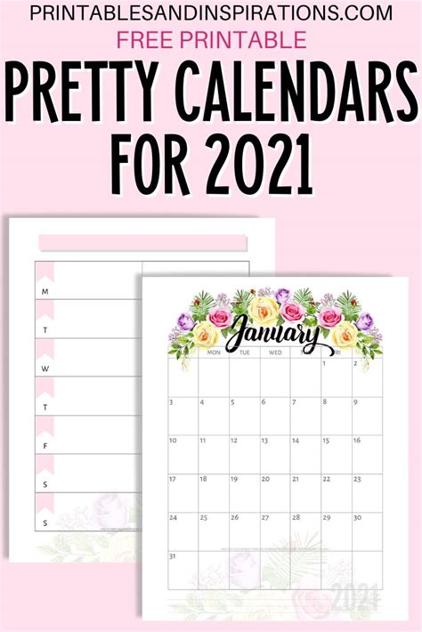 The Free Printable Pretty Calendars For 2021 With Flowers And Leaves On