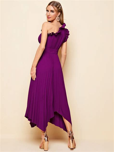 Shein Belle One Shoulder Ruffle Detail Pleated Hanky Hem Bridesmaid