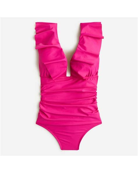 Jcrew Ruffle V Neck Ruched One Piece Swimsuit In Pink Lyst