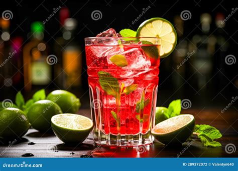 Glass Of Red Liquid With Limes And Limes Around It Generative Ai Stock