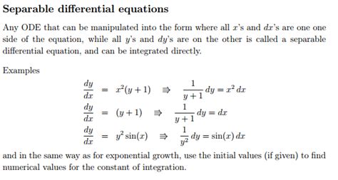 Separable differential equations are those in which the dependent and independent variables can be separated on opposite sides of the equation. Separable Differential Equations - Lew Sterling Jr | Brilliant