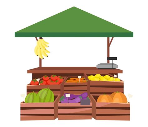 Premium Vector Fruits And Vegetables Market Stall Flat Illustration