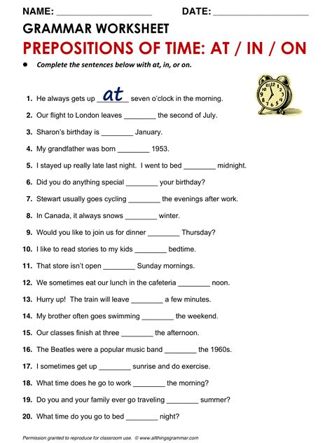 English Grammar Prepositions Of Time At In On Allthingsgrammar Com Time At In On Html