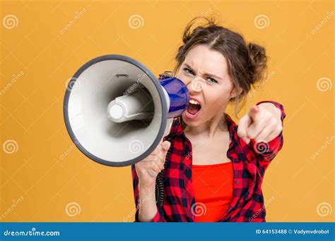 Annoyed Furious Woman Shouting In Loudspeaker And Pointing On You Stock