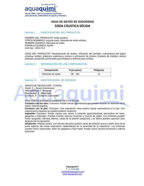 Pdf Hoja De Datos De Seguridad Soda CÁustica Msds Soda Caustica