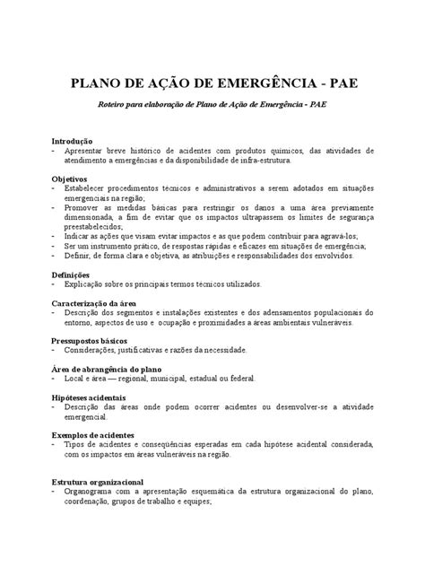 Plano De Acao De Emergencia Pae Pdf
