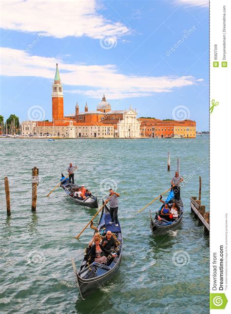 Gondolas Moving Near San Marco Square Across From San Giorgio Ma