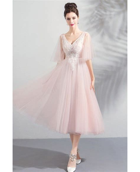 Elegant Peachy Pink Tulle Tea Length Wedding Party Dress With Sleeves