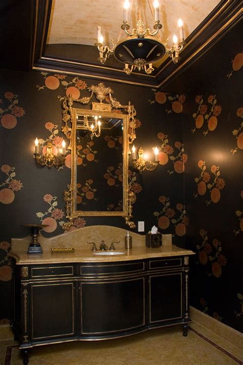 Beautiful Powder Room Design With Cast Brass Chandelier And Sconces