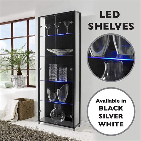 Home Led Shelf Lit Double Glass Display Cabinet Black With 4 Glass Shelves Uk