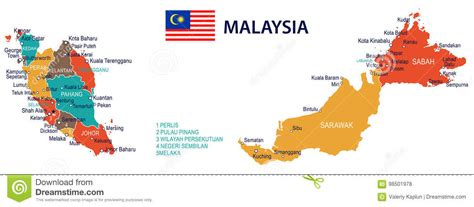 11 states and 2 federal territories are located on the malay peninsula. Malaysia - Map And Flag - Illustration Stock Illustration ...