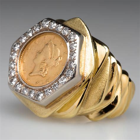 Mens Vintage 1852 1 Dollar Coin Ring Diamond Accents 14k And 18k Gold