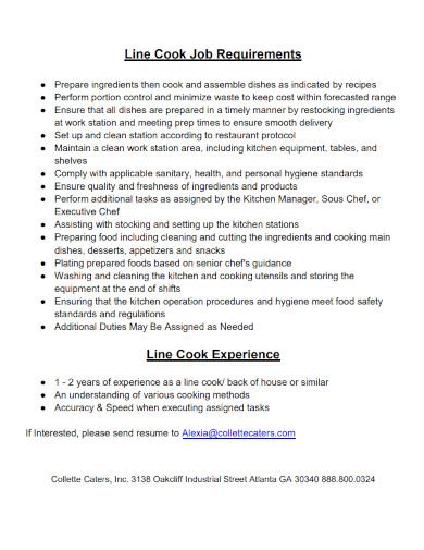 free 5 line cook job description samples in pdf