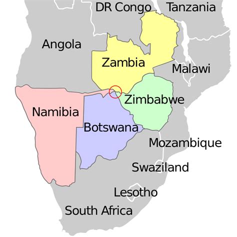 map showing the botswana namibia zambia zimbabwe near quadripoint circled zimbabwe zambia
