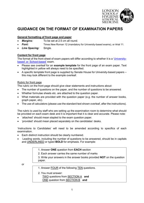 Guidance On The Format Of Examination Papers