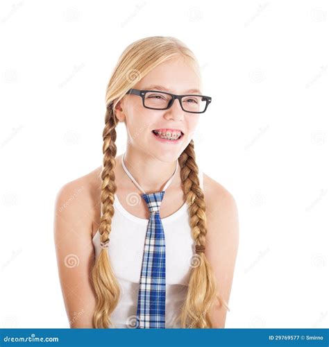 Teenage Girl Wearing A School Uniform And Glasses Smiling Face Braces
