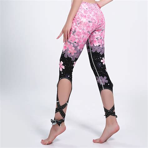 Jigerjoger Black Pink Cherry Flowers Skinny Ballet Tie Up Women Stretchy Quick Dry Bandage Soft