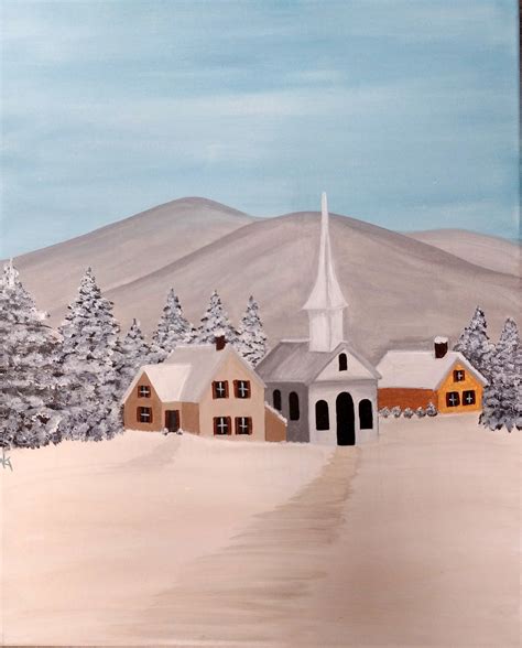 Winter Village With Church Acrylic Painting On Canvas Canvas Art