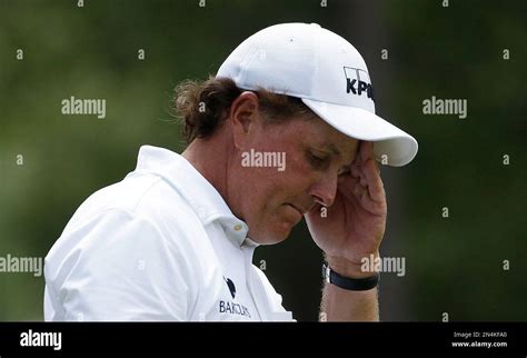 Phil Mickelson Reacts To His Tee Shot On The Ninth Hole During The