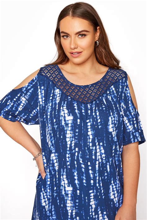 Blue Tie Dye Lace Yoke Cold Shoulder Top Yours Clothing