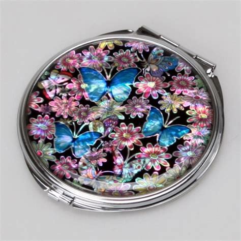 Mother Of Pearl Blue Butterfly Double Compact Pocket Purse Magnifying Cosmetic Makeup Round Hand