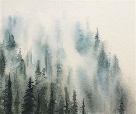Misty Mountains Pine Forest Pacific Northwest Landscape Watercolor
