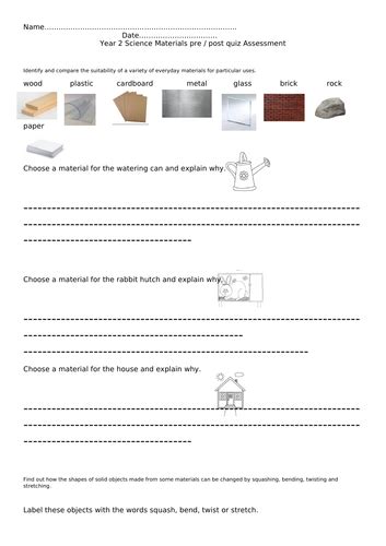 Year 2 Science Materials Pre Post Quiz Teaching Resources