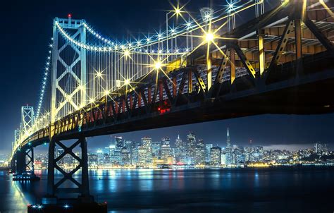 Wallpaper Night Bridge Lights Bay Golden Gate Usa San Francisco
