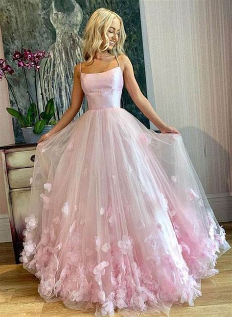 Sgd226 Princess Pink Spaghetti Straps Prom Dresses Scoop Long Cheap Dance Dress With Flowers On