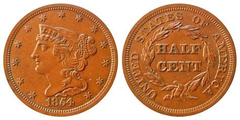 Its nominal diameter was 1 1⁄8 inch (28.57 mm). 1854 Braided Hair Half Cent Early Copper Half Penny Coin ...