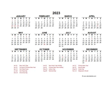 2023 Year At A Glance Calendar With Singapore Holidays Free Printable