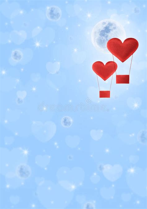 Red Fabric Heart Air Balloon On Fantasy Sea Sky And Moon Stock