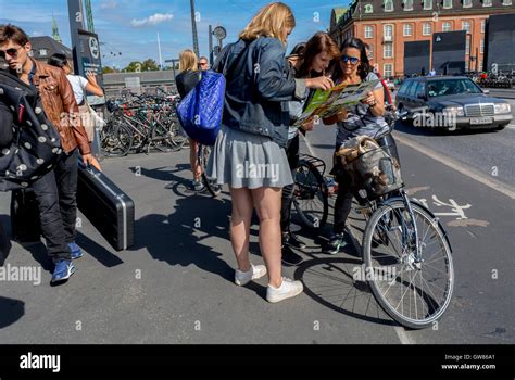Copenhagen Denmark Danish Women Using Bicycles Outside Street Scenes Central Station Biking