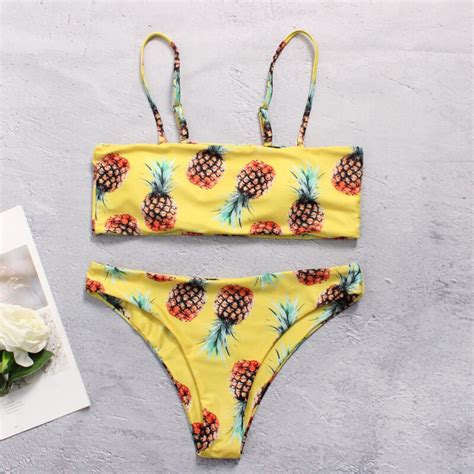 Girls Cute Bikini Set Low Waist Beachwear Big Chest Padded Swimwear Women Pineapple Swimsuit