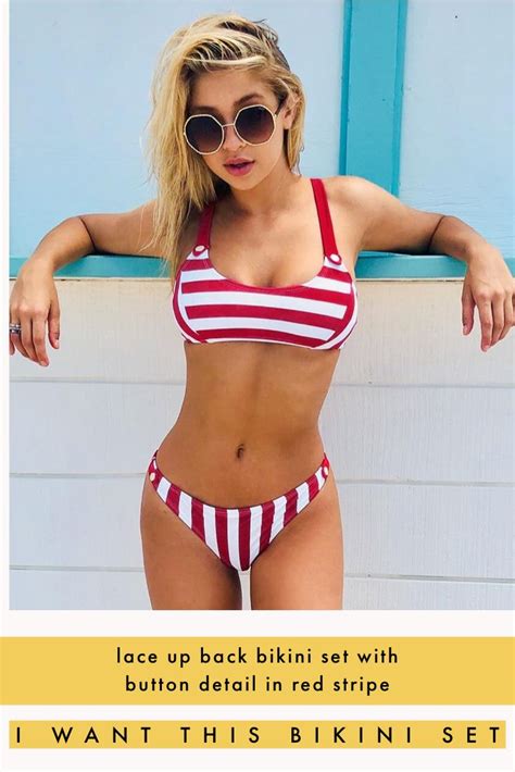 Lace Up Back Bikini Set With Button Detail In Red Stripe Bikini Set