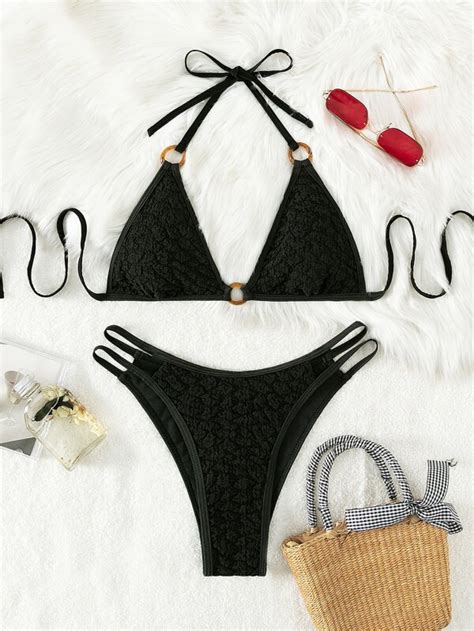 Conjunto de bikini texturizado Sujetador de triángulo con tirante