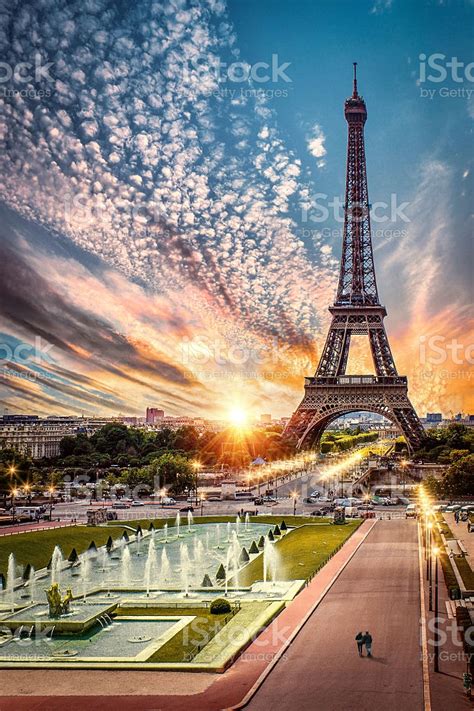 Paris France Sunset By Eiffel Tower Stock Photo Download