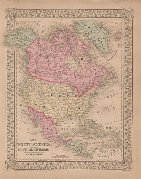 North America Antique Map Mitchell 1868 Antique Map Antiques