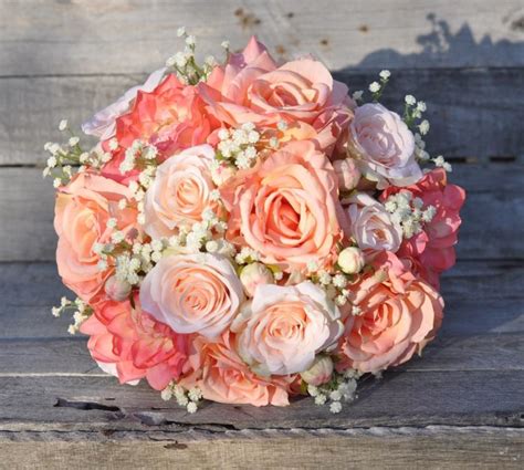 Peach Rose Wedding Bouquet Silk Flower Bouquet Made With Coral Roses