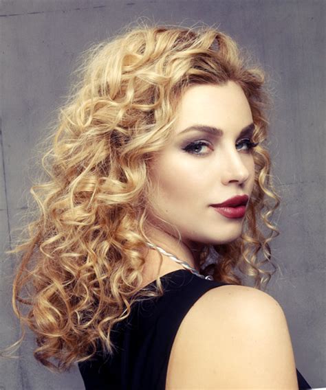 Meg ryan, jenna elfman, and charlize theron all sported short hairstyles for thin curly hair. Medium Curly Formal Hairstyle - Golden Blonde Hair Color
