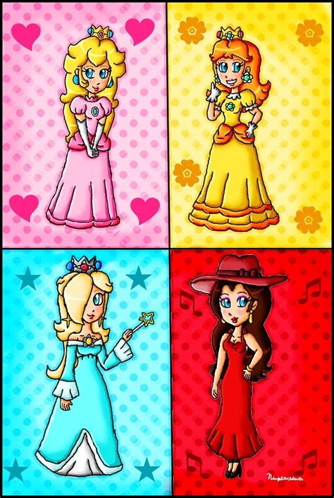 Four Pretty Ladies By Ninpeachlover Super Mario Art Cute Rose Peach Art